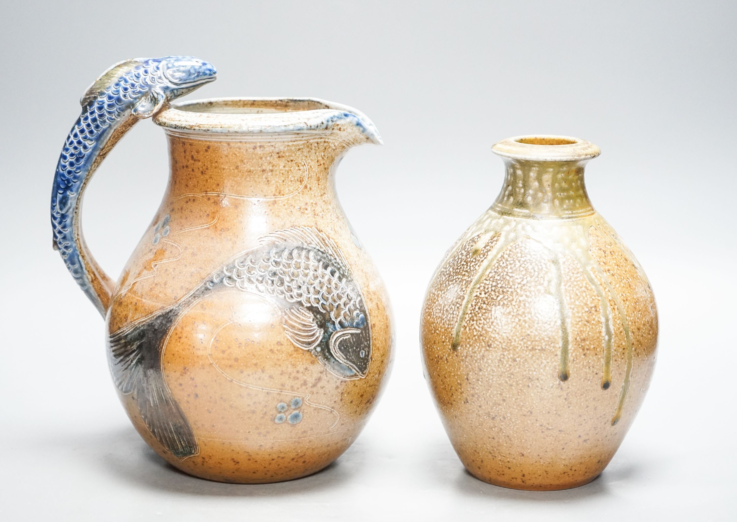 Toff Milway (b.1949) for Conderton Pottery, an ovoid stoneware vase and a fish handled jug 25cm